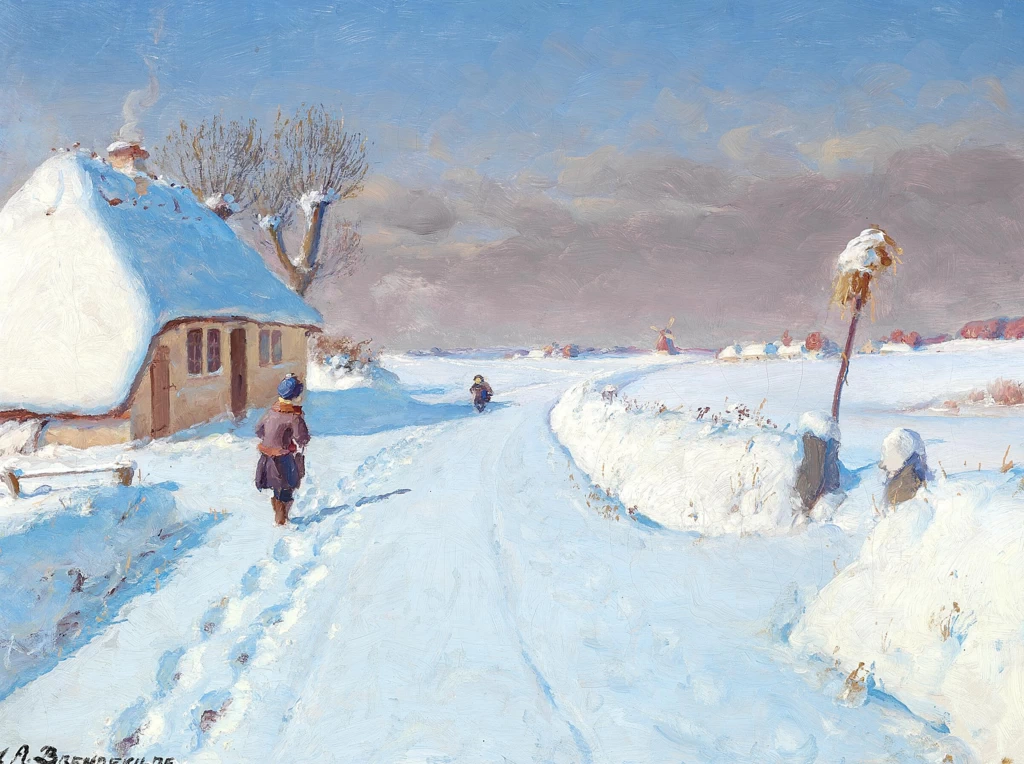 Strada di campagna illuminata dal sole ai margini di un villaggio, inverno